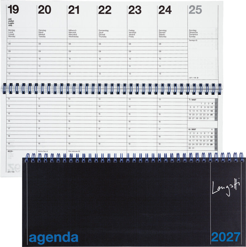 Biella LONGATTI Agenda – 1 Woche/2 Seiten, Spiralbindung, 29,8 × 11,7 cm, Jan–Dez, 2027, Schwarz, FSC