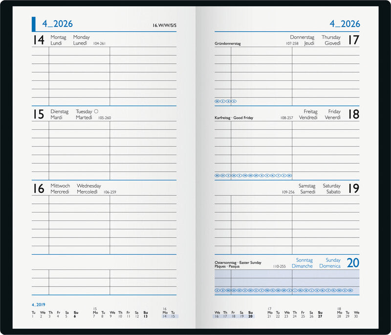 Biella Budget Agenda – 1 Woche/2 Seiten, gebunden, 8,7 × 15,3 cm, Jan–Dez, 2026, schwarz, FSC