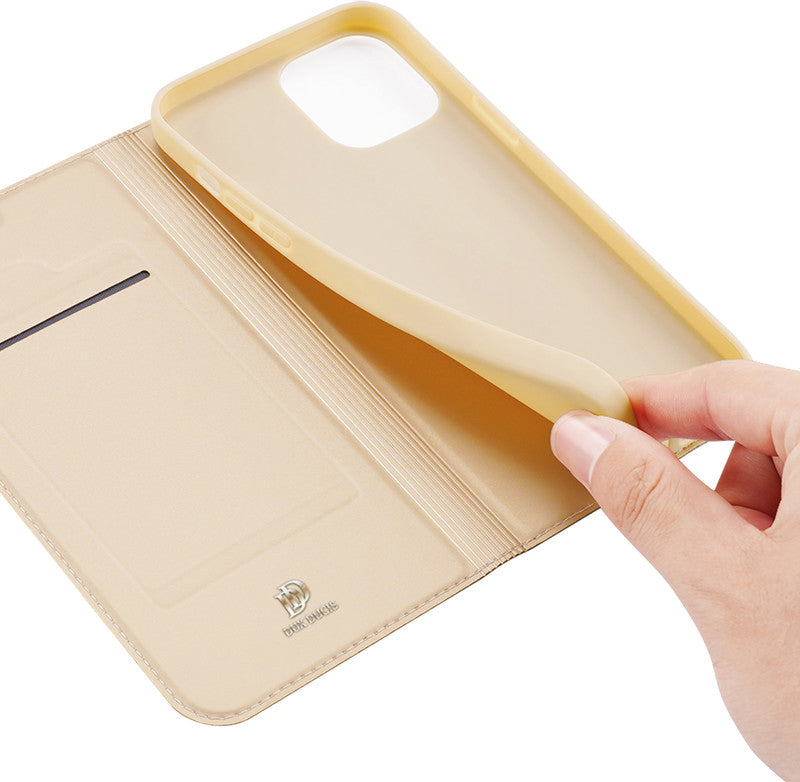 Dux Ducis Booklet-Hülle – für Apple iPhone 13 Pro – gold – Kunstleder – mit Kartenfach, Magnetverschluss