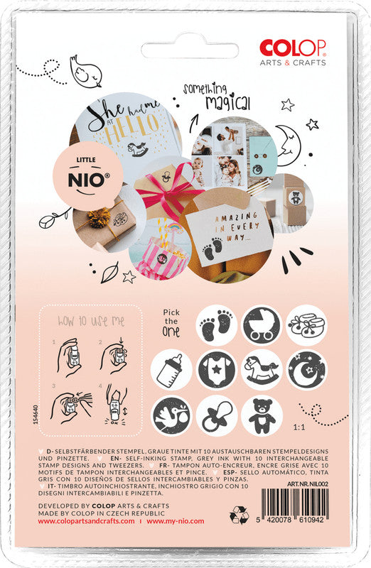 Colop Little NIO Rundstempel – Baby, selbstfärbend, 10 Motive, Ø 17 mm, Kissen grau