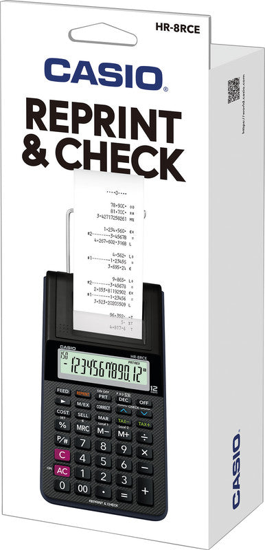 Casio Druckender Tischrechner HR-8RCE – 12-stellig, 2 Zeilen/s, LCD, Steuer/Währung, Netz/Batterie