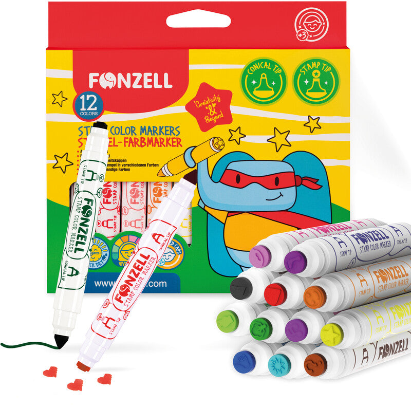 Fonzell Stempel-Filzstifte, Strichbreite 7,7–8,8 mm, 12 Farben, 12 Motive