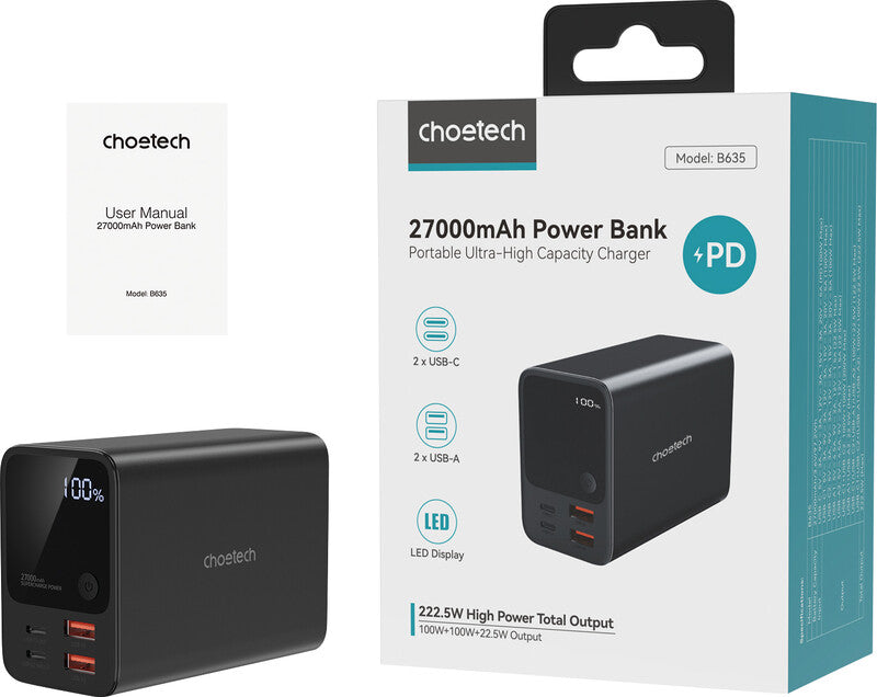 Choetech Powerbank 27000 mAh, 2× USB-C, 2× USB-A, Schwarz