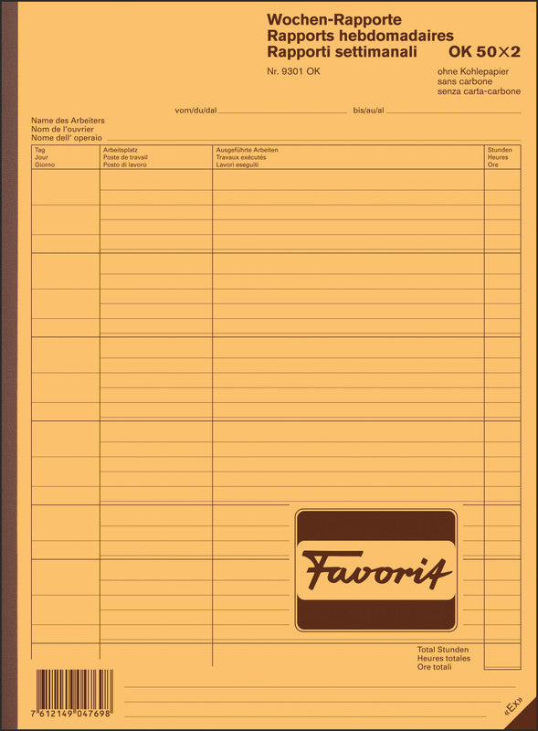 Favorit Formularblock – Wochen-Rapporte, mehrsprachig, 50 Blatt, A4