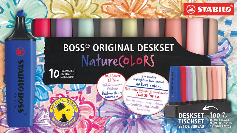 STABILO BOSS Original Nature Colors Textmarker Desktop Set 10 Farben – Keilspitze, 2–5 mm