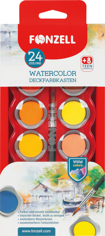 Fonzell Deckfarbkasten – 24 Farben, sortiert, mit Pinsel