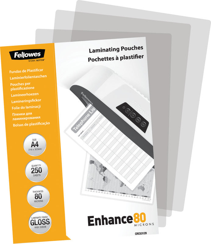 Fellowes Laminierfolien A4, glänzend – 80 µm, 216 × 303 mm, 250 Stk.