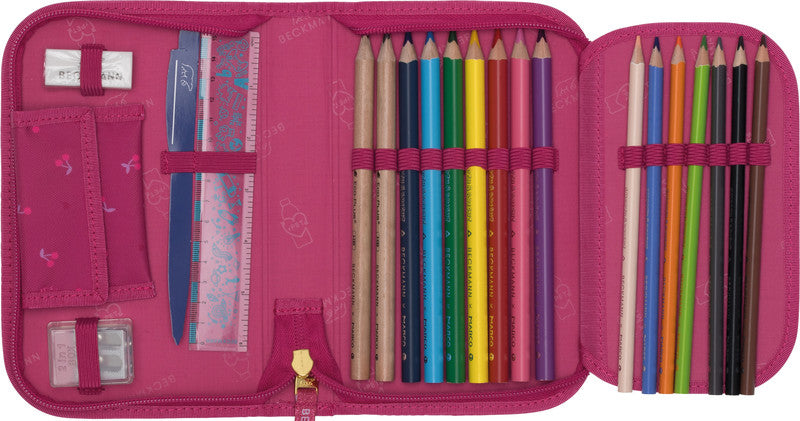 Beckmann Klassisches Schüleretui mit 2 Klappen, gefüllt, 21-teilig – Cherry – Kunststoff – 20,5 × 13,3 × 3,8 cm