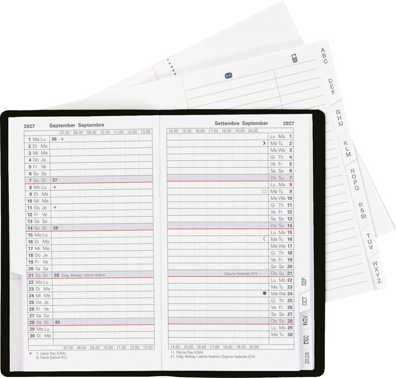 Biella Planer Paris Agenda – 1 Monat/2 Seiten, geheftet, 7,5 × 12,6 cm, 15 Monate Okt–Dez, schwarz, PEFC