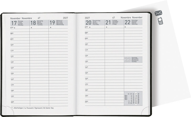 Biella Rex Agenda – 1 Woche/2 Seiten, gebunden, 10,1 × 14,2 cm, 2027, schwarz, FSC