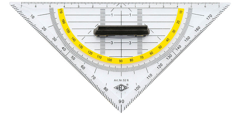 Wedo Wandtafel-Geodreieck – 16 × 16 cm, Kunststoff, transparent, Skalenfarbe schwarz, mit abnehmbarem Griff