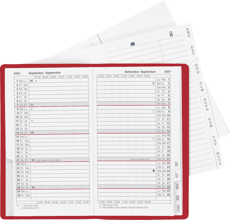 Biella Planer Paris Agenda – 1 Monat/2 Seiten, geheftet, 7,5 × 12,6 cm, 15 Monate Okt–Dez, weinrot, PEFC