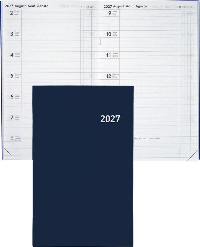 Biella Kompakte Agenda – 1 Woche pro Seite, gebunden, 15 × 24 cm, 2027, Dunkelblau, PEFC