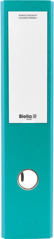 Biella Ordner – A4 hoch – 2-Ring Hebelmechanik, Rücken 70 mm – türkis, mit Niederhalter, mit Griffloch, FSC