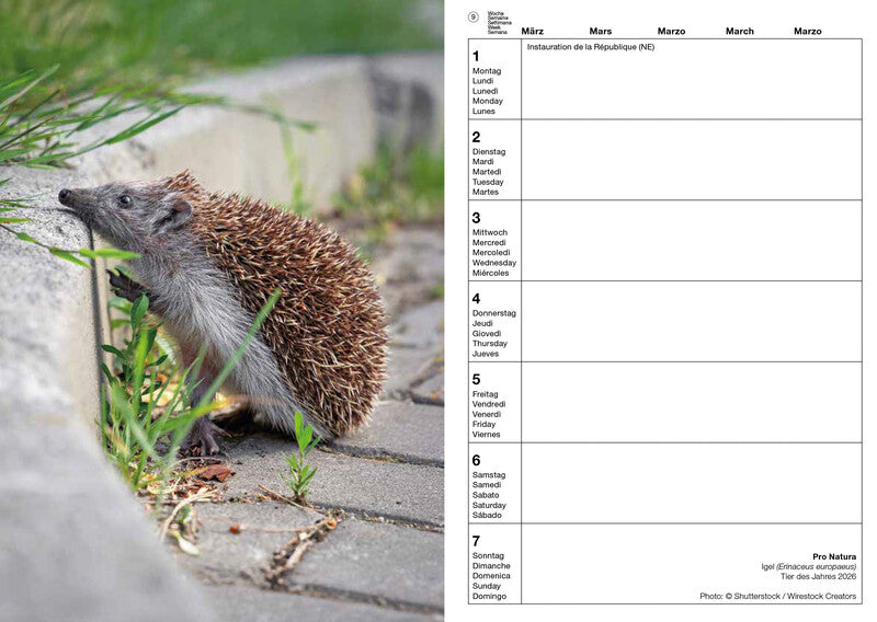 Calendaria Schweizer Foto-Almanach – Wochenagenda 2027, 1 Woche/1 Seite, A5, Spiralbindung