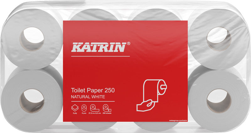 Katrin Toilettenpapier – Recycling, 2-lagig, Weiss, 250 Blatt/Rolle, 95 × 110 mm – 8 Rollen
