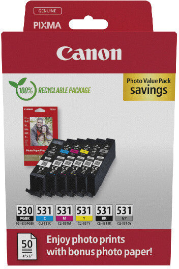 Canon Tintenpatronen-Multipack PGI530/CLI531, mit Fotopapier 100 × 150 mm (50 Blatt) – für Inkjetdrucker