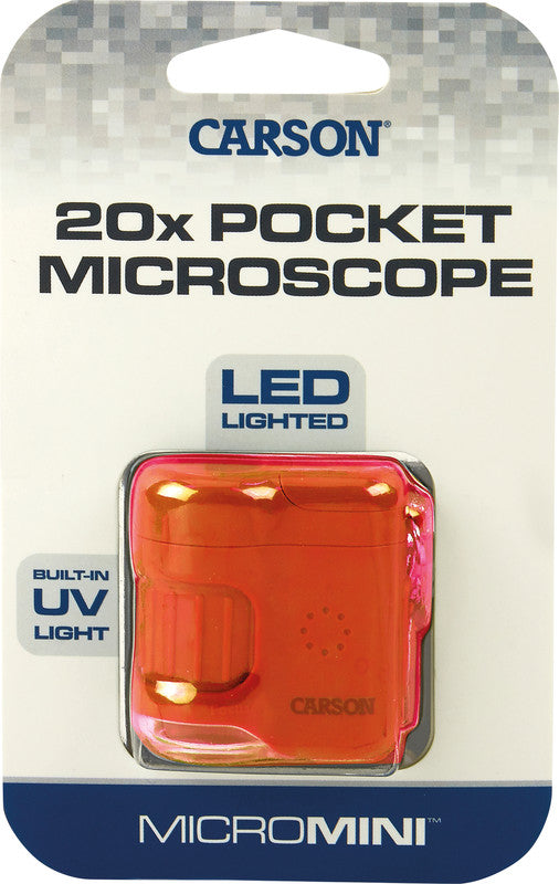 Carson MicroMini Taschenmikroskop – 20×, LED+UV, mit Schlüsselring, Orange