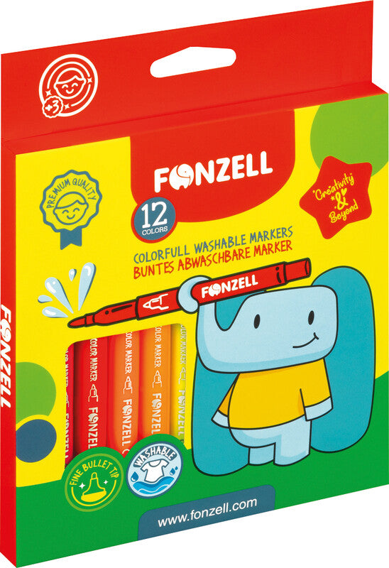 Fonzell Filzstifte, Strichbreite 4,4 mm, auswaschbar, 12 Farben