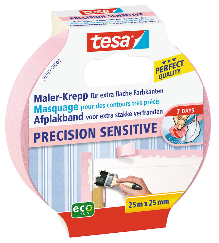 tesa Abdeckband Precision Sensitive – 25 mm × 25 m, rosa, für empfindliche Oberflächen