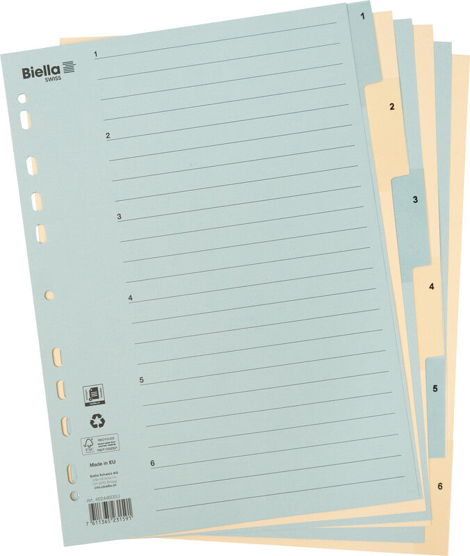 Biella Register – A4, 6-teilig, Karton, blau/gelb, vorgedruckt, 11-fach gelocht, verstärkte Tabs – für A4