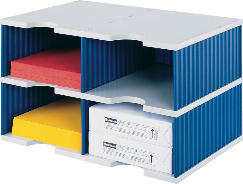 Styro Briefkorb – für C4, 4 Fächer, stapelbar, mit Griffausschnitt, blau/grau, B 485 × H 293 × T 331 mm
