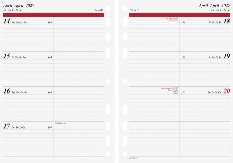 Idé TIMING 1 Kalender-Einlage – 1 Woche/2 Seiten, 11-fach, A5, 2027