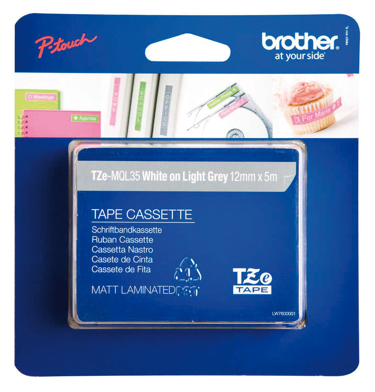 Brother Schriftband – 12 mm × 5 m, Hellgrau, Weiss, TZe