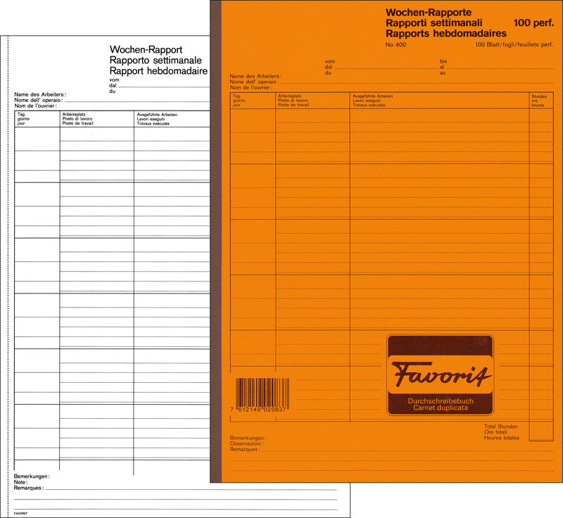 Favorit Formularblock – Wochen-Rapporte, mehrsprachig, 100 Blatt, A5