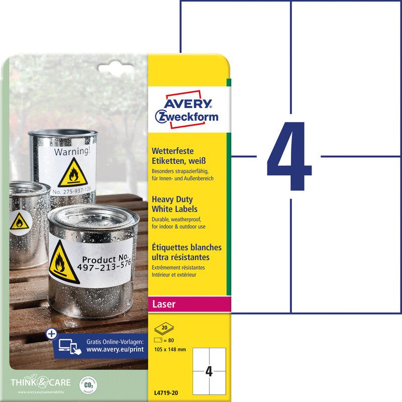 Avery Druckeretiketten, 105 mm × 148 mm, weiss, Folie, extra stark, 20 Blätter (80 Etiketten)