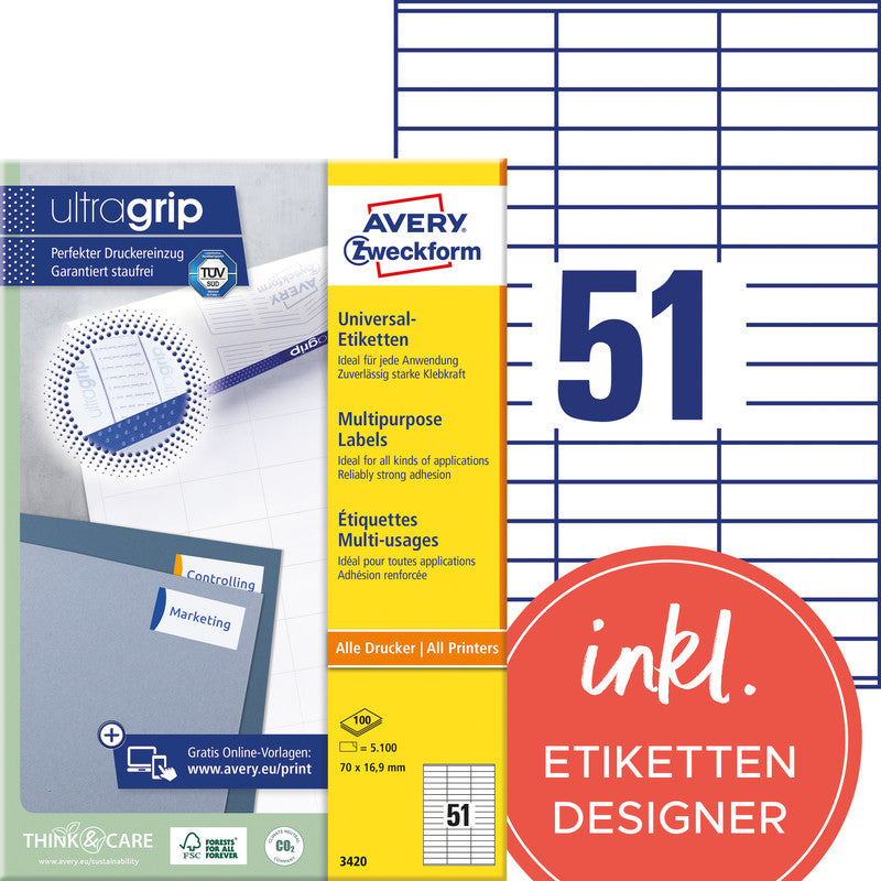 Avery UltraGrip Bogenetiketten, 70 mm × 17 mm, weiss, Papier, permanent, 100 Blatt (5'100 Etiketten)