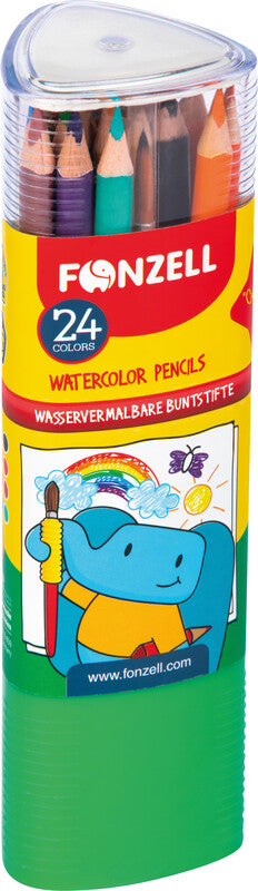 Fonzell Aquarellfarbstifte-Set – 24 Farben, Dreikant, Mine Ø 3,3 mm, Dreiecksetui, mit Pinsel
