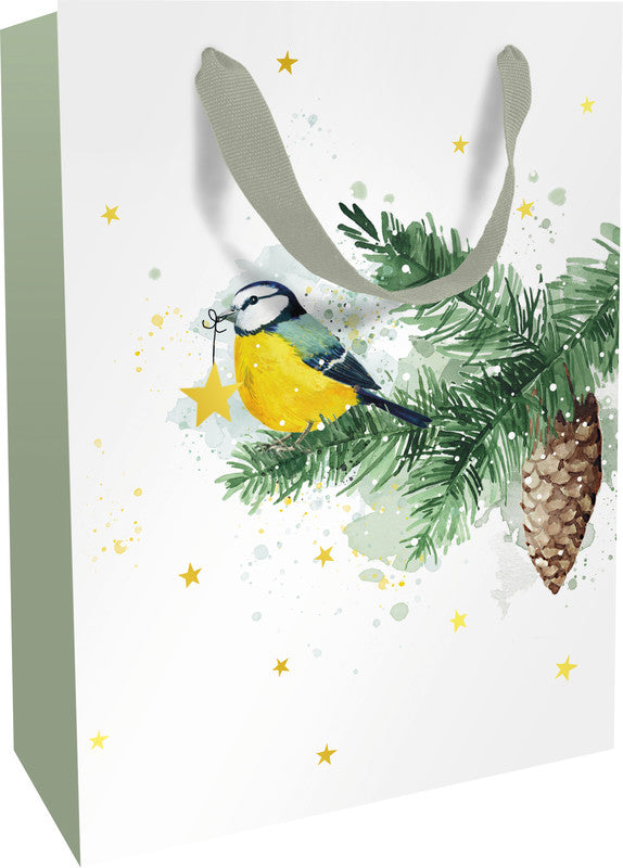 Braun + company Tragetasche – Wintermeise (Weihnachten) – matt laminiert, Ripsband – 260 × 360 × 130 mm