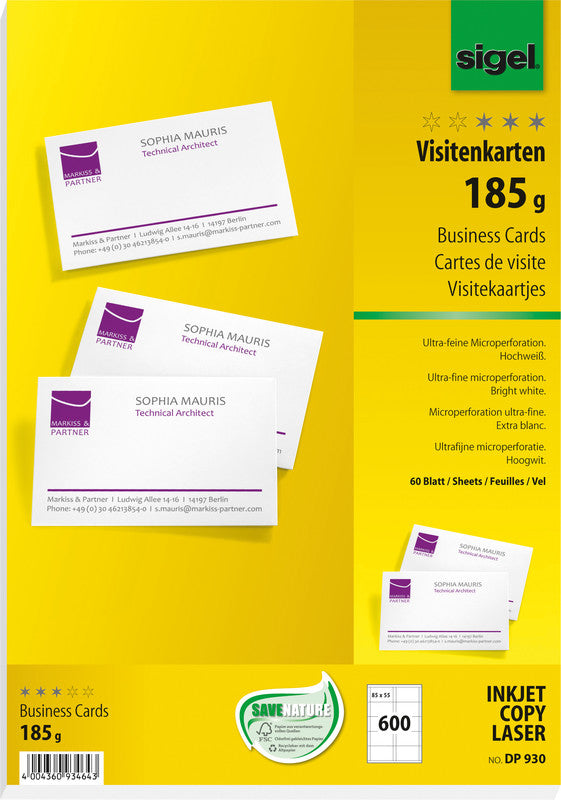 Sigel Visitenkarten, 85 × 55 mm – A4, 10 pro Blatt – 600 Karten – FSC-zertifiziert, beidseitig bedruckbar