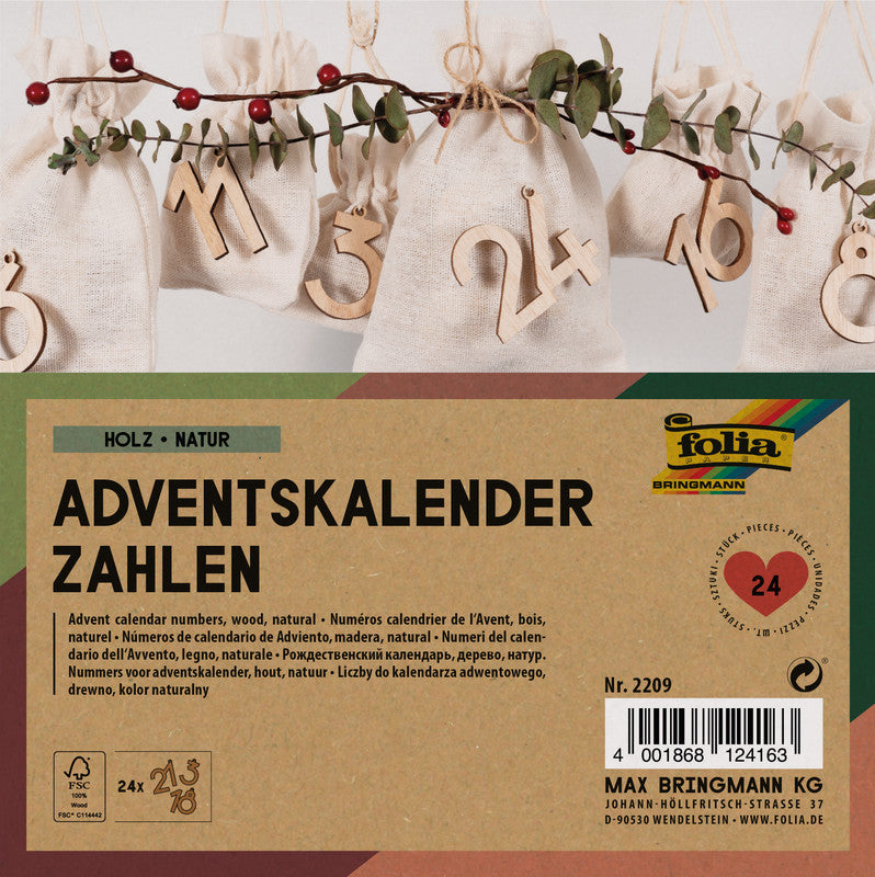 Folia Adventskalender-Set Holzzahlen – mehrfarbig – 130 × 130 mm, 18 mm, 24 Stück