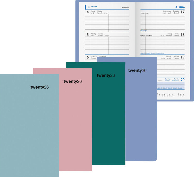 Biella Taschenagenda Colorful – 1 Woche/2 Seiten, gebunden, 8,7 × 15,3 cm, 2026, mehrsprachig, salbeigrün, FSC