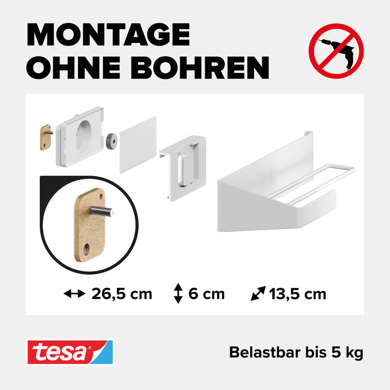 TESA Küchenrollenhalter – für Rollen bis Ø 11 cm – Power.Kit-Befestigung, wieder ablösbar – 26,5 × 6 × 13,5 cm