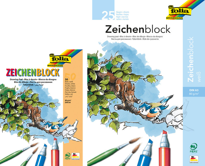 Folia Zeichenblock A4, 80 g/m², 50 Blatt, weiss, strukturiert, geleimt, holzfrei, PEFC, recyclingfähig