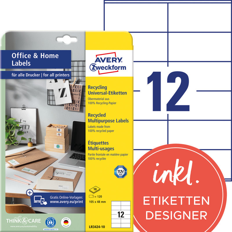 Avery Druckeretiketten, 105 mm × 48 mm, naturweiss, Altpapier, permanent, 120 Etiketten (10 Blatt)