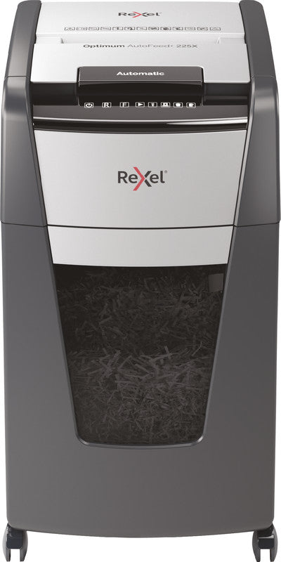 Rexel Optimum AutoFeed+ 225X – Aktenvernichter mit Autofeed 225 Blatt, DIN P-4, Partikelschnitt 4 × 25 mm, 60
