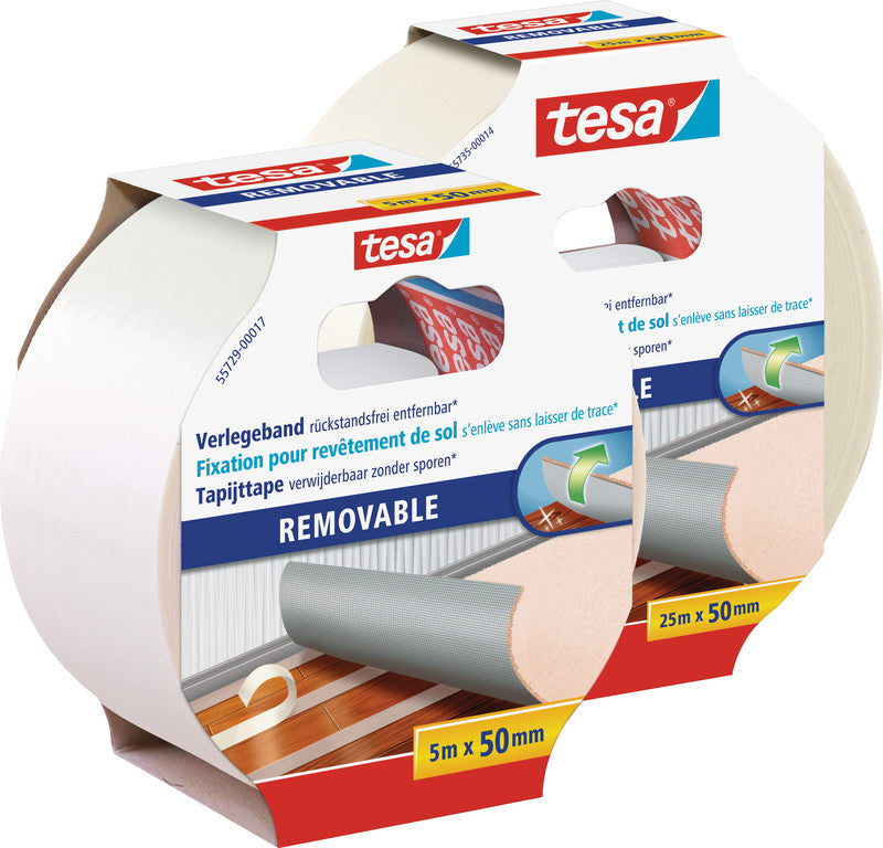 Tesa Teppichklebeband Rückstandsfrei entfernbar, für glatte Oberflächen – 50 mm × 25 m, Weiss