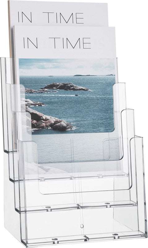 Helit Tischprospekthalter – für A4 hoch – 4 Fächer, Kunststoff, transparent, the helpdesk, 240 × 340 × 192 mm
