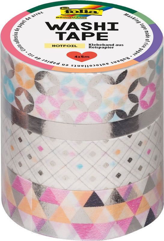 Folia Washi Tape Set mit Heissfolienveredelung – sortiert – 4 Rollen (1 × 5 mm × 5 m, 3 × 15 mm × 5 m)