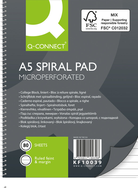 Q-connect Collegeblock, liniert, Spiralbindung, Karton, 80 Blatt, 6-fach gelocht, perforiert, 70 g/m² – grau