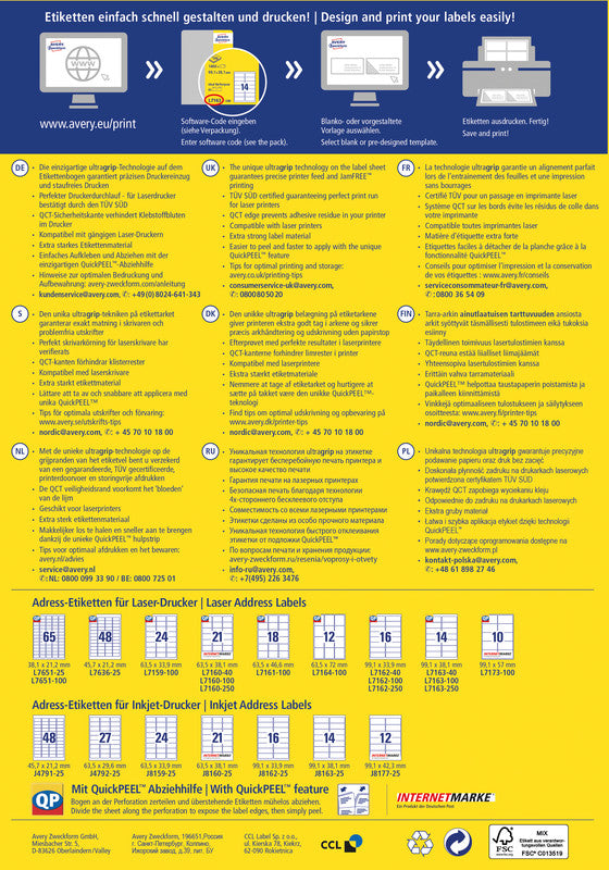 Avery Adressetiketten, 64 mm × 38 mm, weiss, Papier, permanent, 2100 Etiketten (100 Blatt)