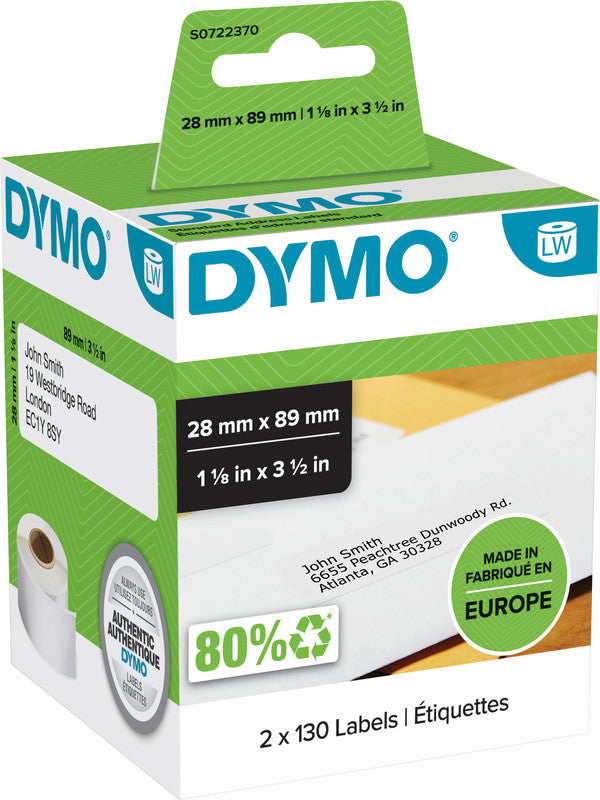 DYMO Adress-Etiketten, 89 mm × 28 mm, weiss, Papier, permanent, für LabelWriter 310, 320, Turbo 330 und andere