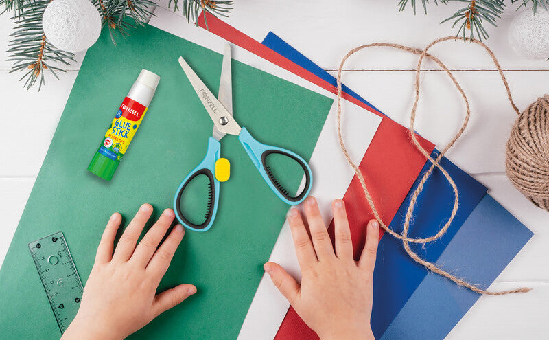 Fonzell Kinderschere – für Rechts- und Linkshänder, abgerundete Spitzen, Softgrip, Kunststoff, Hellblau