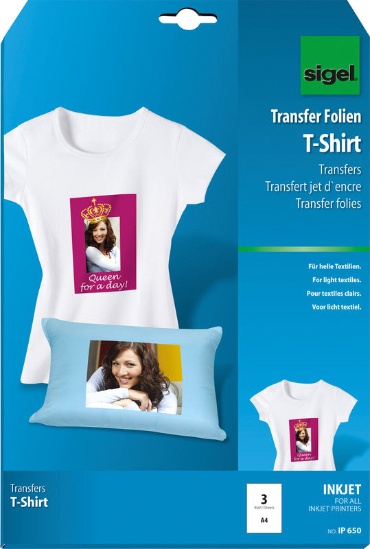 Sigel Transferpapier – für Inkjetdrucker, für helle Textilien, A4, waschbar bis 40 °C, 3 Blatt