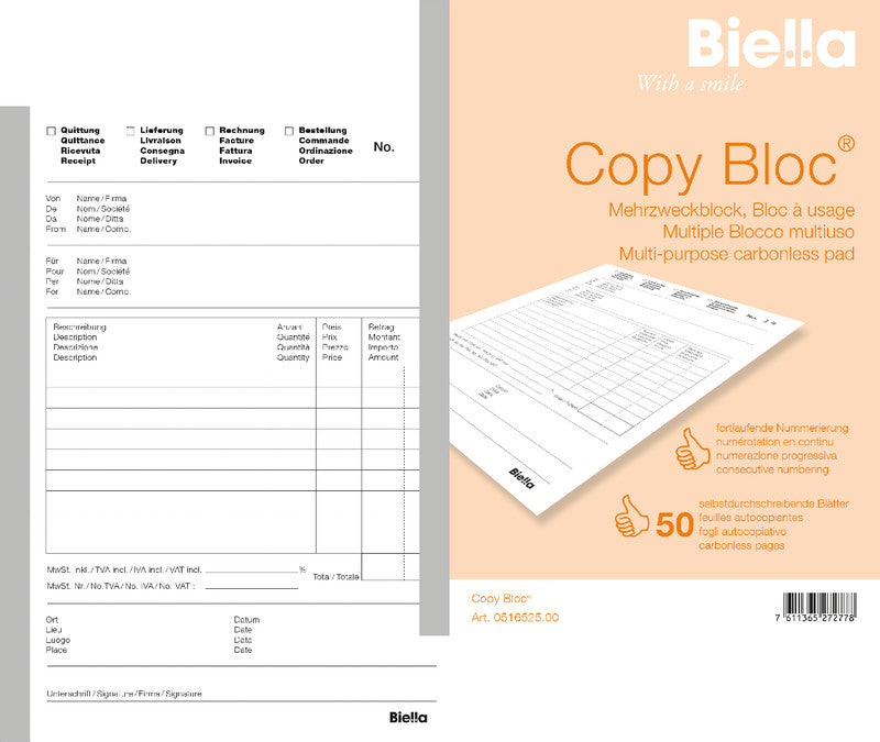 Biella Formularblock – mehrsprachig, 50 Blatt, A5