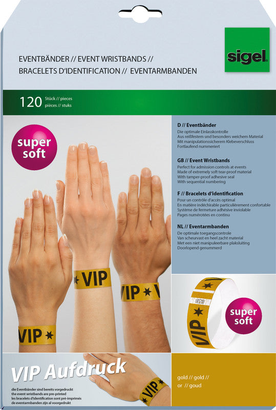 Sigel Super Soft Event-Armband – 25 × 255 mm, gold, Kunststoff, fortlaufend nummeriert – 120 Stk